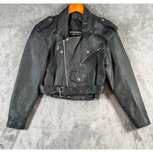 Vtg Wilsons Leather Motorcycle Jacket Womens Medium Black Biker Moto Belted 80s